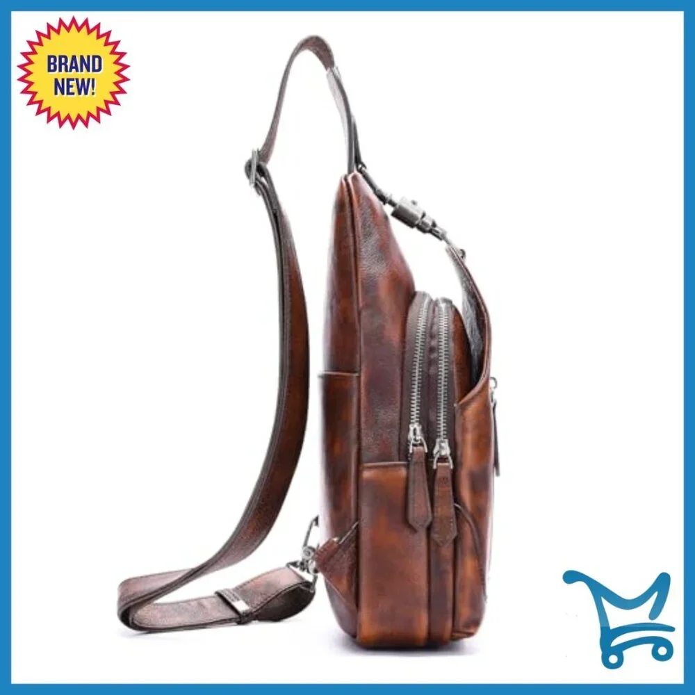 Genuine Leather Crossbody Sling Bag Vintage Daypack Backpack Adjustable Strap